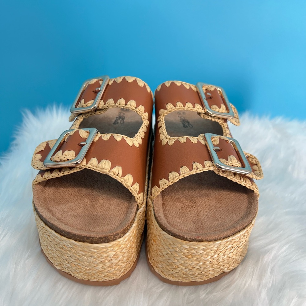 Brown and Cream Platform Shoes with Decorative Straps - Picture 3 of 10